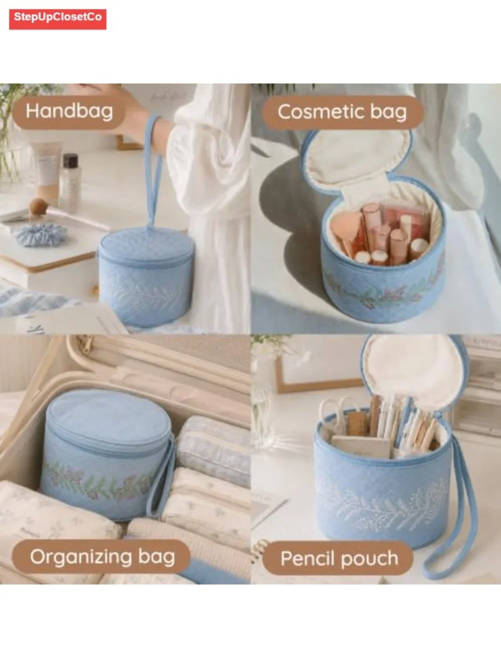 Linen Cosmetic Display Case Set of 2 Cylinder Travel Makeup Organizer with